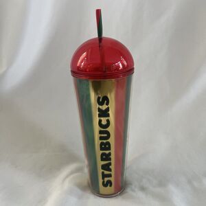 Starbucks Holiday 2024 Metallic Tumbler‎ Red Green Gold 24 Oz Red Dome Straw